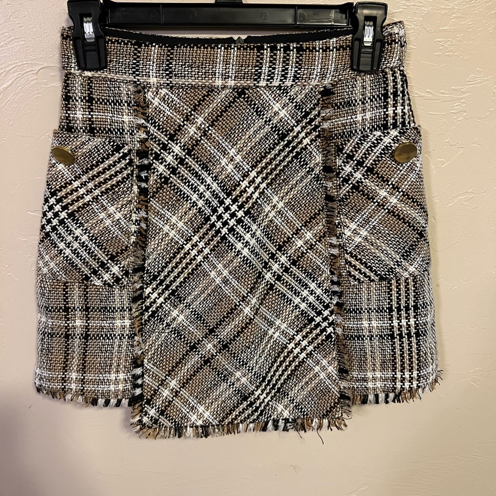 Goodnight Macaroon Plaid Tweed Pencil Skirt in Tan, Black & White